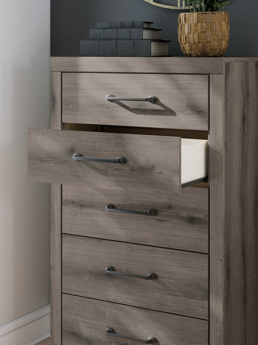 Graystorm King Panel Bed with Mirrored Dresser, Chest and Nightstand
