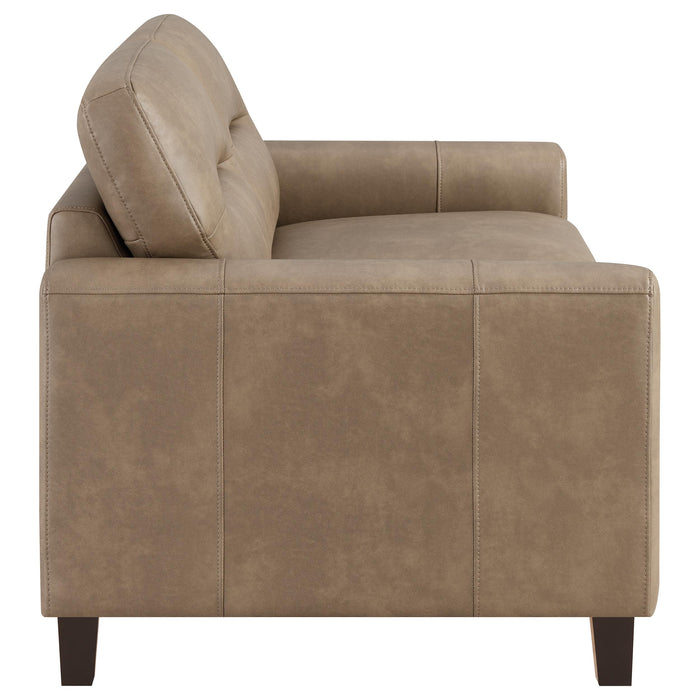Scotland Faux Leather Upholstered Track Arm Loveseat Brown
