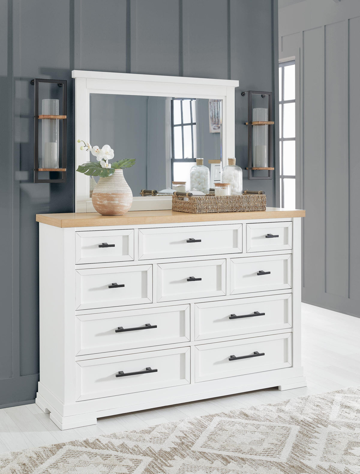 modern farmhouse white dresser Ashbryn Dresser and Mirror — Furniture Merchandise Outlet