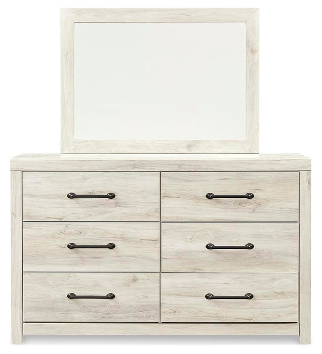 Cambeck King Panel Bed with 2 Storage Drawers with Mirrored Dresser