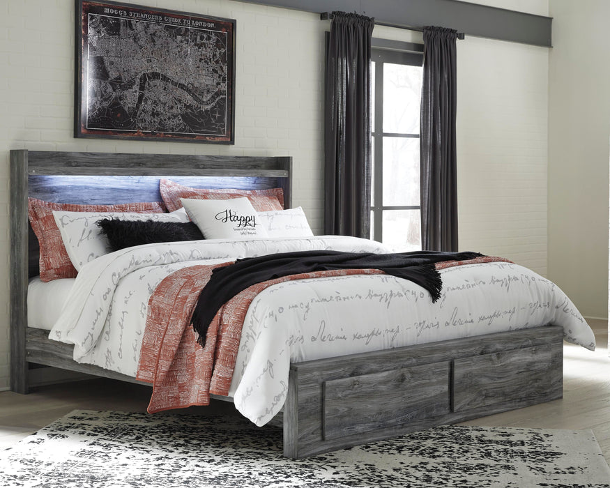 Baystorm King Panel Bed with 2 Storage Drawers with Mirrored Dresser, and Nightstand