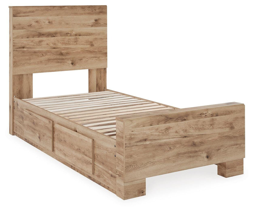 Hyanna Twin Panel Bed with 1 Side Storage, Dresser, Mirror, Chest and Nightstand