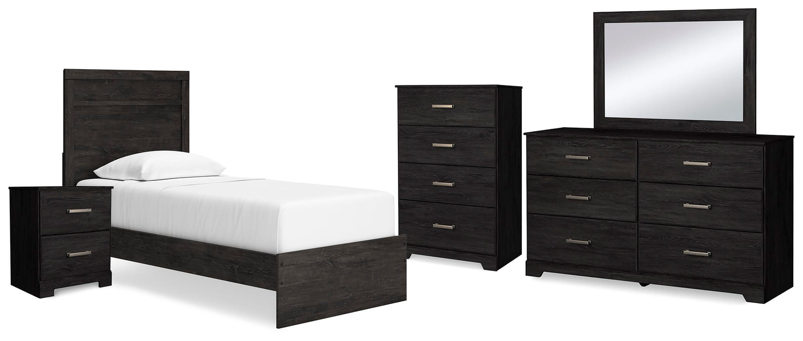 Belachime Twin Panel Bed with Mirrored Dresser, Chest and Nightstand