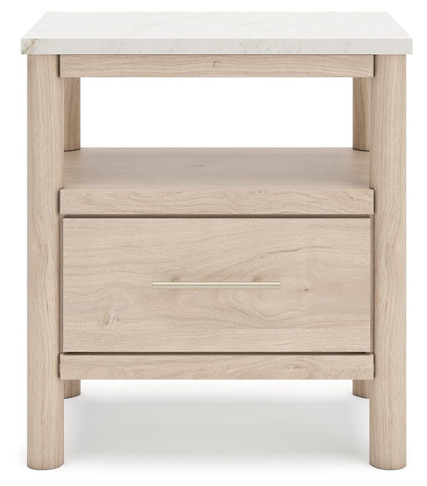Cadmori Queen Upholstered Panel Bed with Mirrored Dresser and Nightstand