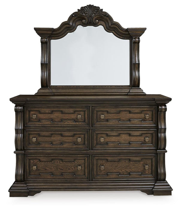 Maylee Queen Upholstered Bed, Dresser, Mirror, Chest and Nightstand