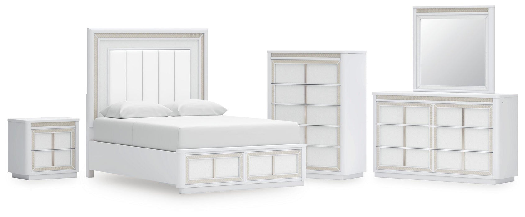 Chalanna Queen Upholstered Storage Bed, Dresser, Mirror, Chest and Nightstand