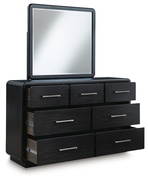 Rowanbeck King Upholstered Panel Bed, Dresser, Mirror, Chest and Nightstand