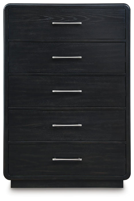 Rowanbeck Queen Upholstered Panel Bed with Mirrored Dresser, Chest and Nightstand