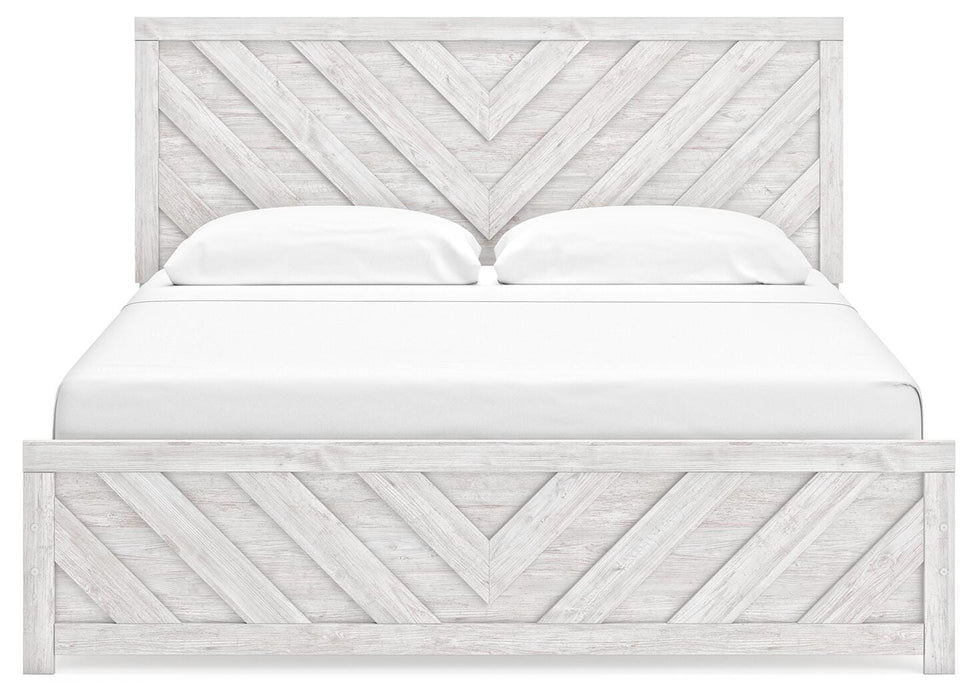 Cayboni King Panel Bed with Mirrored Dresser and Nightstand