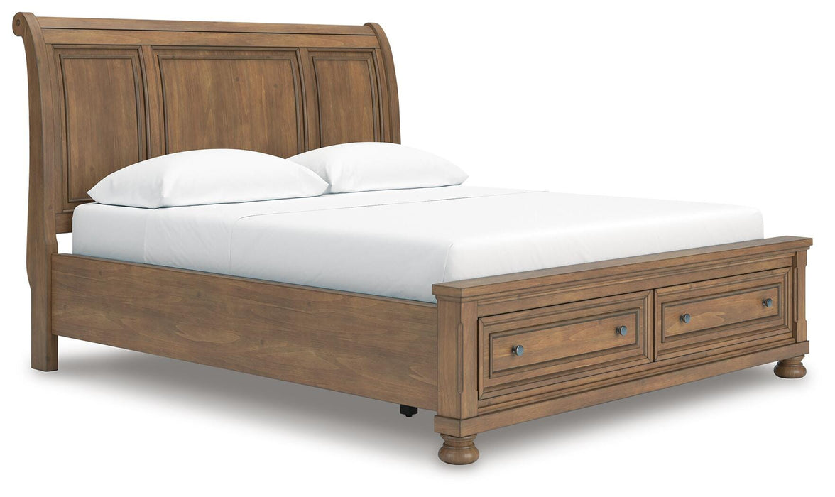 Feddinger California King Storage Sleigh Bed with Mirrored Dresser, Chest and Nightstand