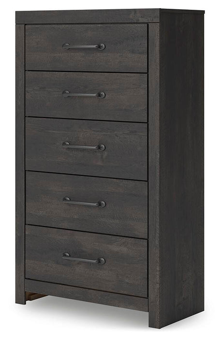 Hollivern Queen Panel Bed, Dresser, Mirror, Chest and Nightstand