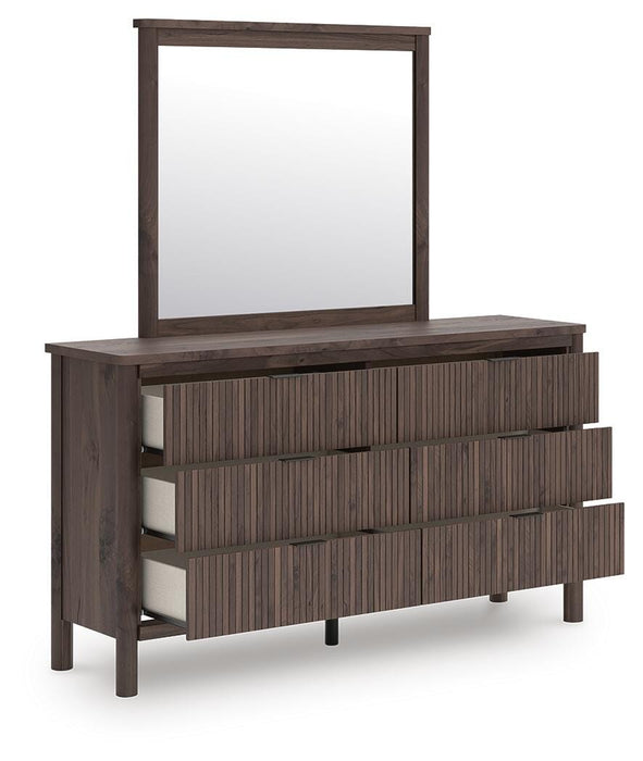 Pamytta Twin Upholstered Panel Platform Bed, Dresser, Mirror and Nightstand