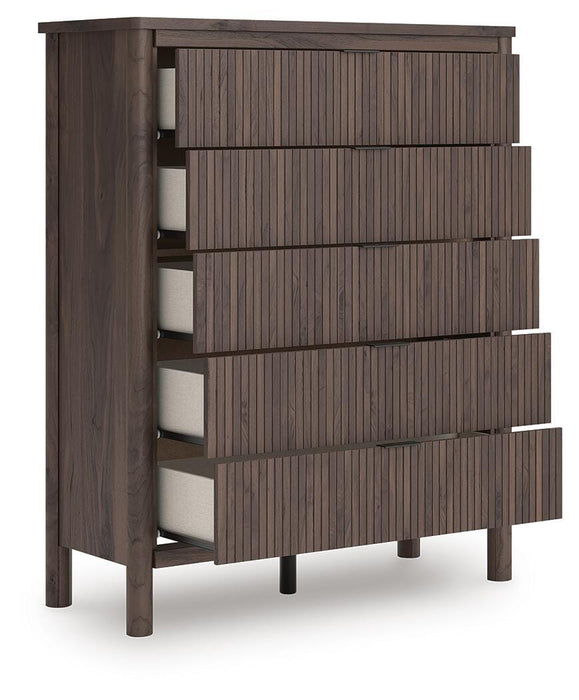 Pamytta Queen Upholstered Panel Platform Bed, Dresser, Mirror, Chest and Nightstand