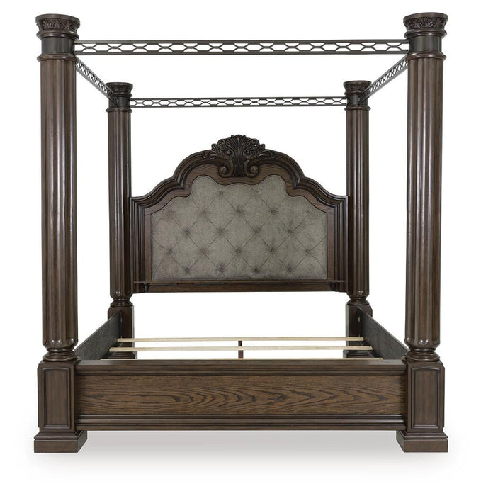 Maylee California King Canopy Bed, Dresser, Mirror and Nightstand