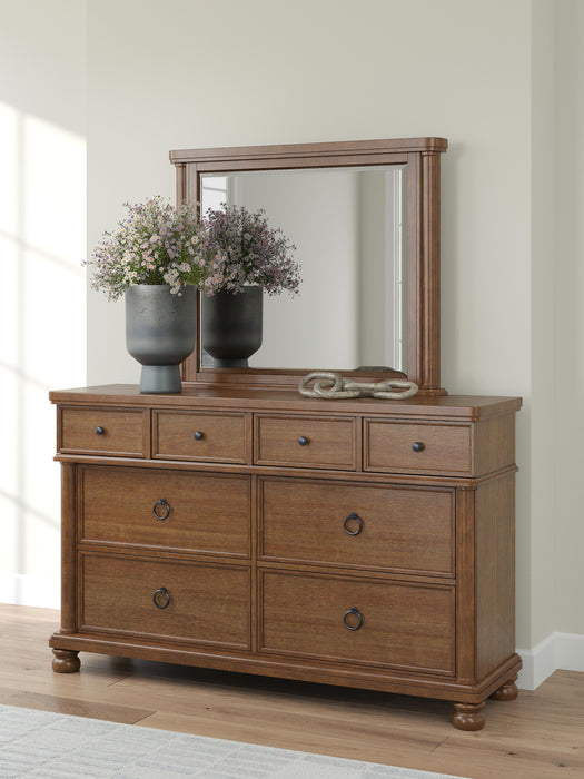 Rowlenstown California King Poster Bed with Mirrored Dresser
