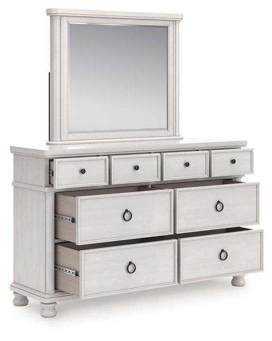 Rowlenstown California King Poster Bed, Dresser, Mirror and Nightstand
