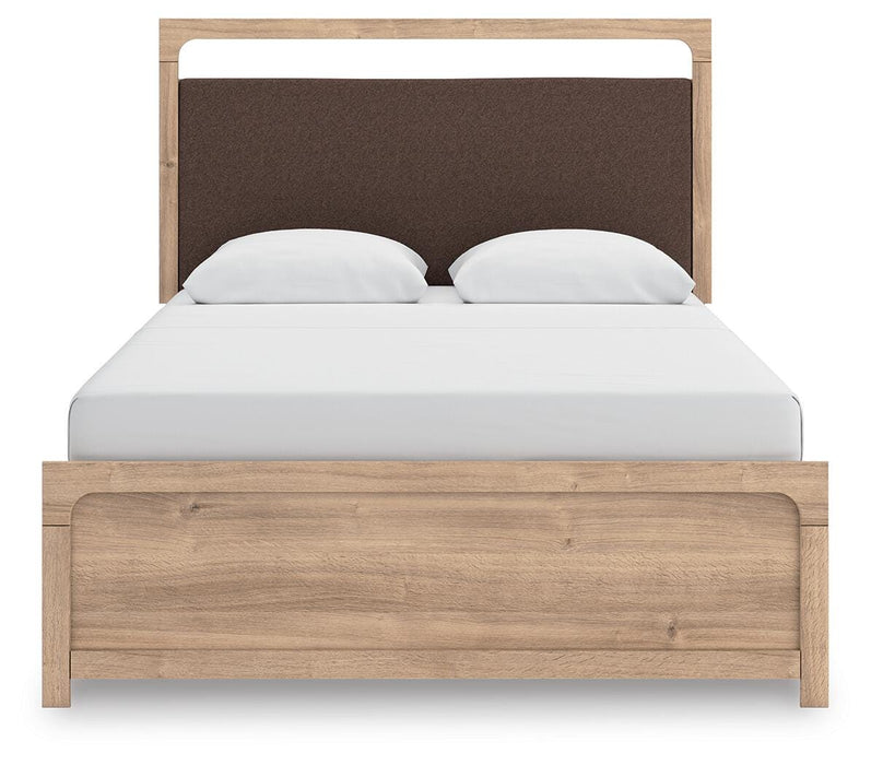 Kinlanni Queen Upholstered Panel Bed, Dresser and Mirror