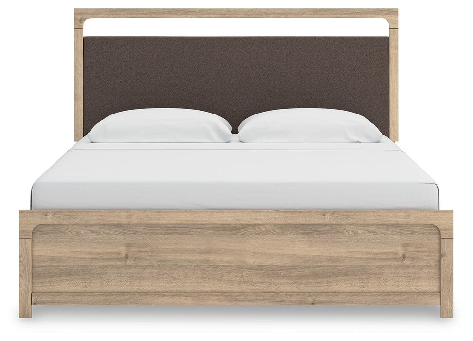 Kinlanni King Upholstered Panel Bed, Dresser, Mirror and Nightstand