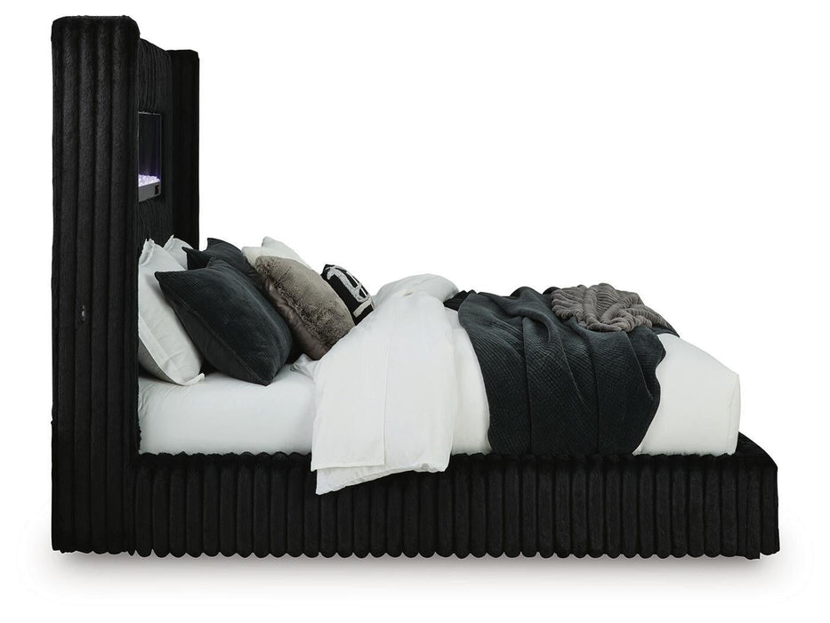Tayleena Queen Upholstered Bed with Fireplace and Wireless Audio