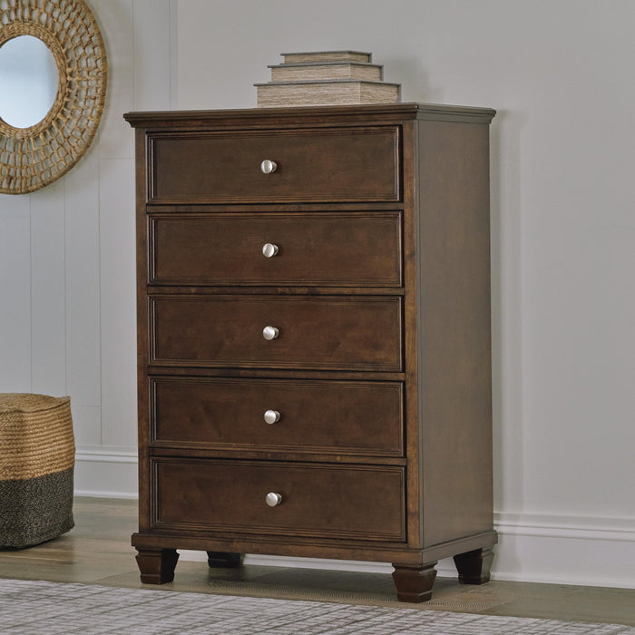 Danabrin California King Panel Bed with Mirrored Dresser, Chest and Nightstand