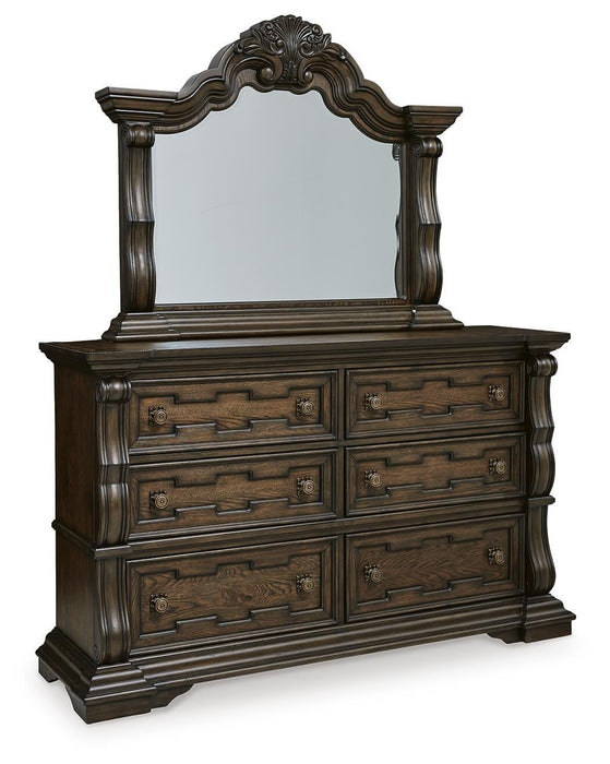 Maylee California King Upholstered Bed with Mirrored Dresser