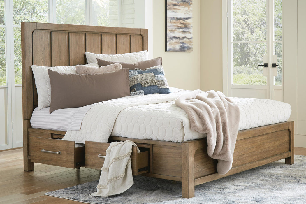 Cabalynn California King Panel Bed with Storage with Mirrored Dresser, Chest and Nightstand