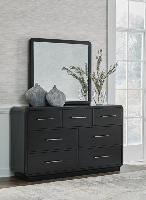 Rowanbeck King Upholstered Panel Bed, Dresser, Mirror and Nightstand