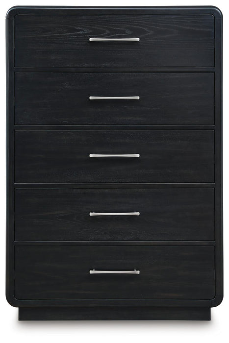 Rowanbeck Queen Upholstered Panel Bed with Mirrored Dresser, Chest and Nightstand