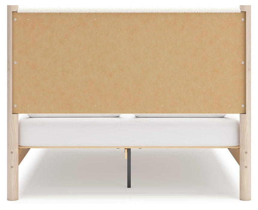Cadmori Queen Upholstered Panel Bed with Mirrored Dresser, Chest and Nightstand