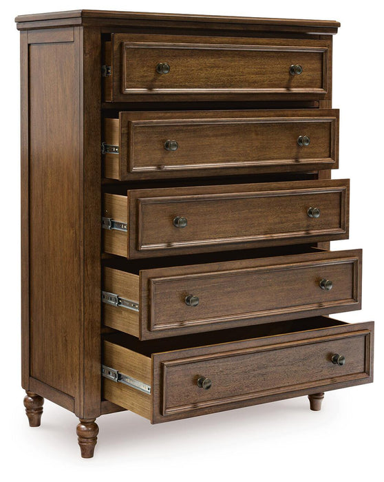Sturlayne King Upholstered Panel Bed, Dresser, Mirror, Chest and Nightstand