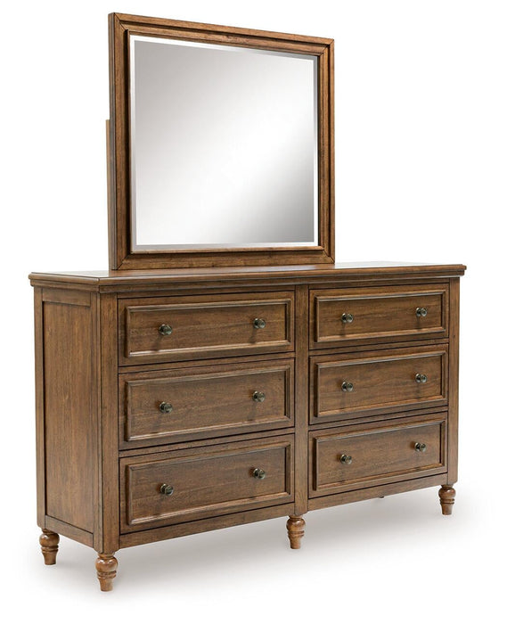 Sturlayne California King Upholstered Panel Bed, Dresser and Mirror