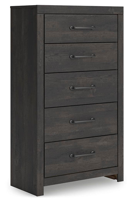 Delmorta Twin Panel Bed with Storage, Dresser, Mirror, Chest and Nightstand