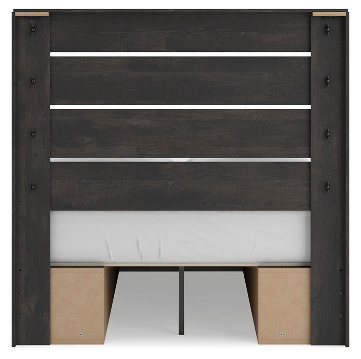 Delmorta Full Panel Bed with Storage, Dresser, Mirror, Chest and Nightstand