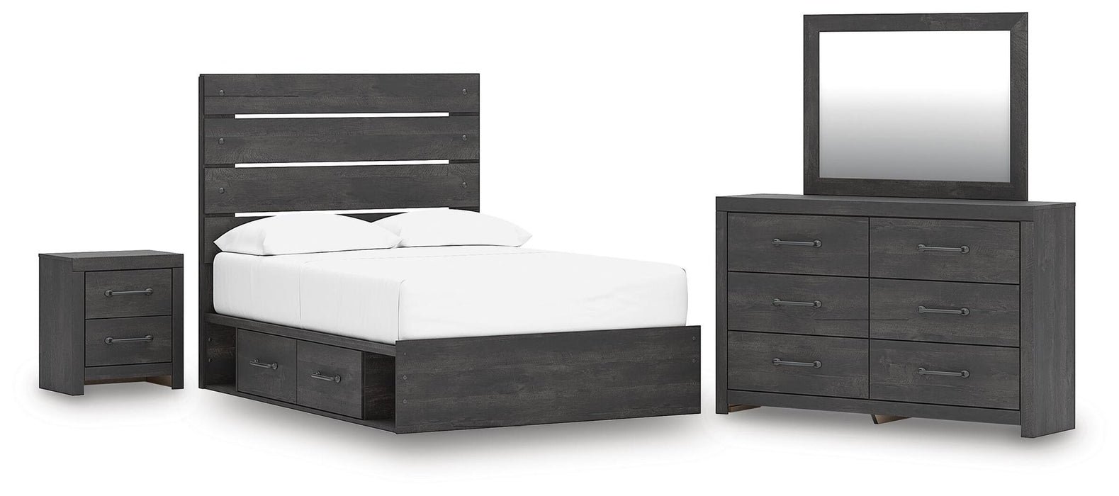 Delmorta Full Panel Storage Bed, Dresser, Mirror and Nightstand