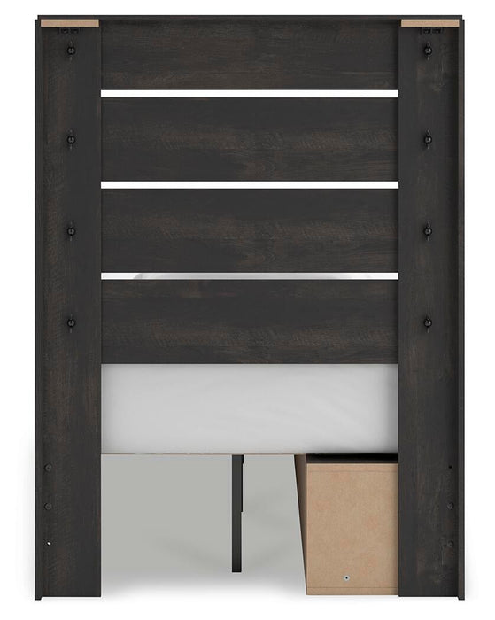 Delmorta Twin Panel Storage Bed, Dresser, Mirror and Nightstand