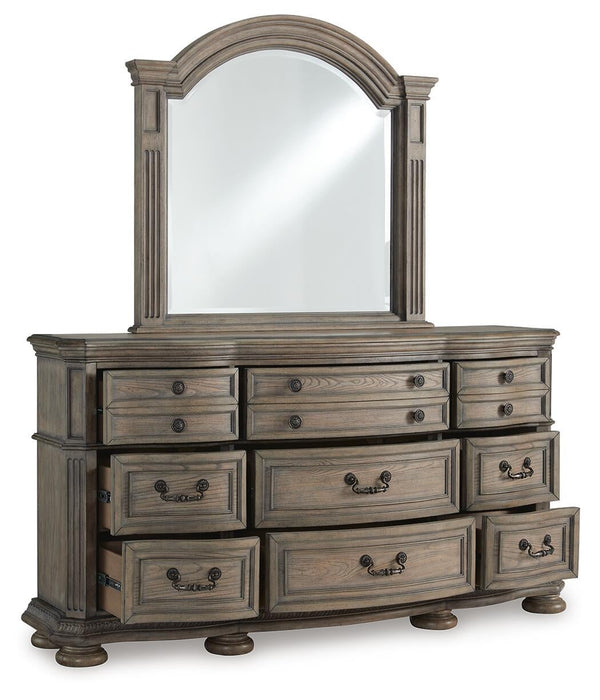 Ardenfield California King Upholstered Sleigh Bed, Dresser and Mirror