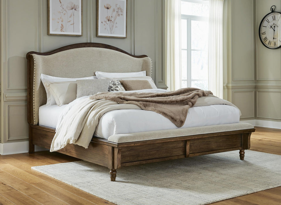 Sturlayne King Upholstered Panel Bed, Dresser, Mirror and Nightstand
