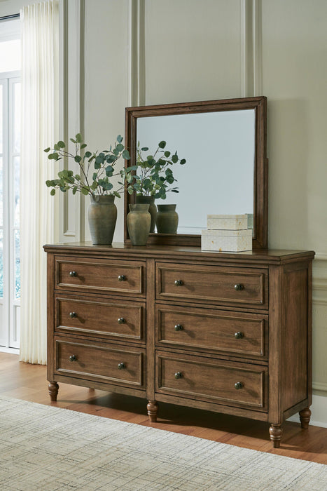 Sturlayne King Upholstered Panel Bed, Dresser, Mirror and Nightstand