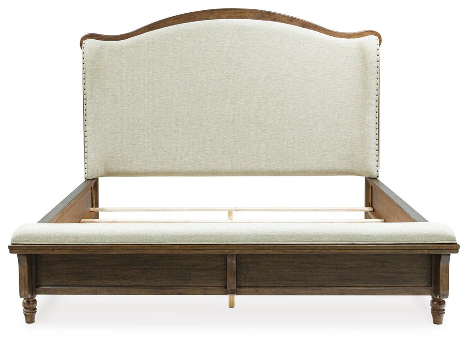 Sturlayne King Upholstered Panel Bed, Dresser and Mirror