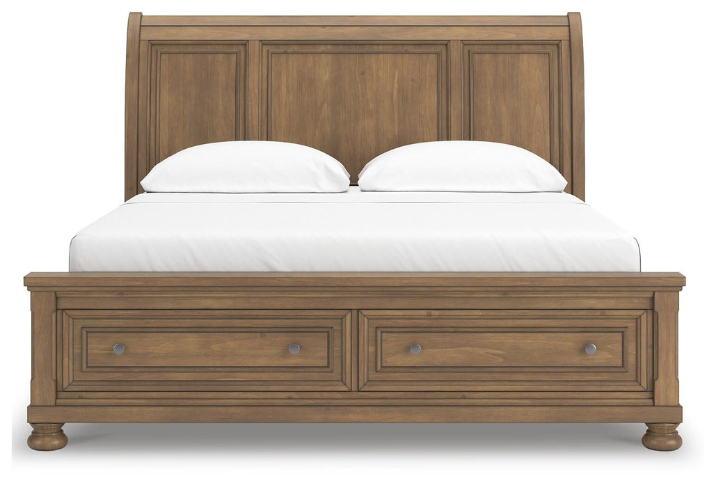 Vandenmore California King Storage Sleigh Bed with Mirrored Dresser and Nightstand