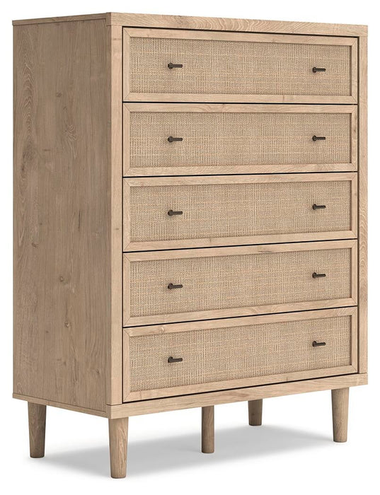 Cielden King Upholstered Bed with Roll Slats, Dresser, Mirror, Chest and Nightstand