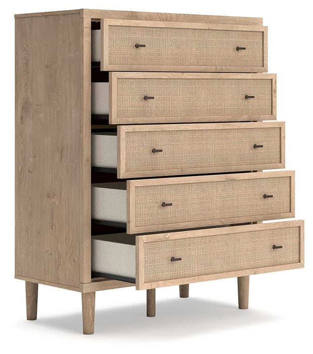 Cielden King Upholstered Bed with Roll Slats, Dresser, Mirror, Chest and Nightstand