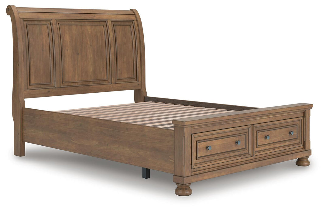 Vandenmore Queen Storage Sleigh Bed with Mirrored Dresser, Chest and Nightstand