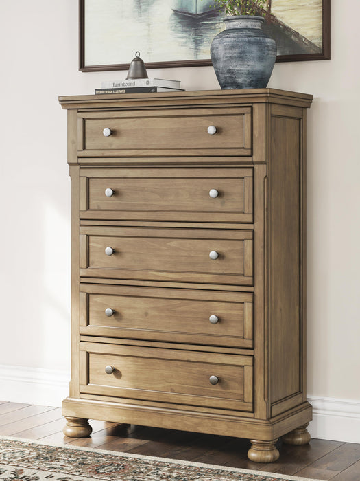 Vandenmore Queen Storage Sleigh Bed with Mirrored Dresser, Chest and Nightstand