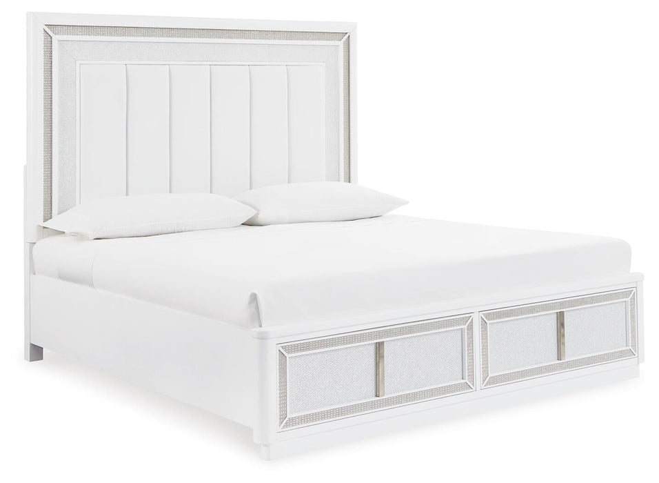Chalanna King Upholstered Storage Bed, Dresser, Mirror, Chest and Nightstand
