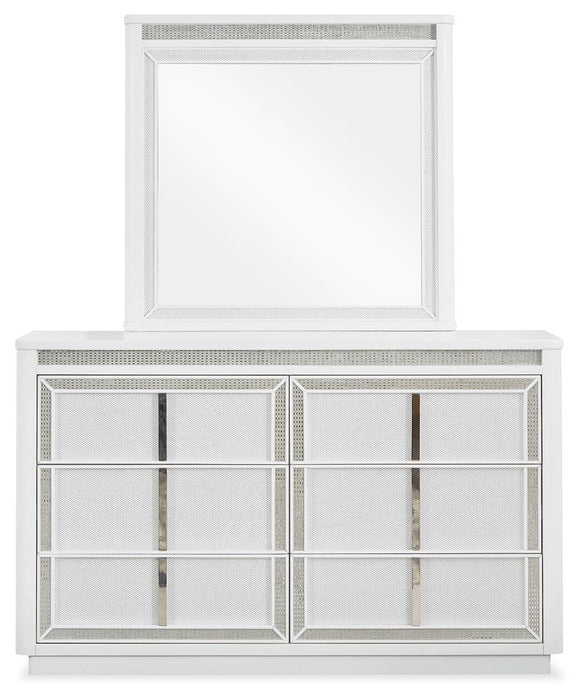 Chalanna King Upholstered Storage Bed, Dresser, Mirror and Nightstand
