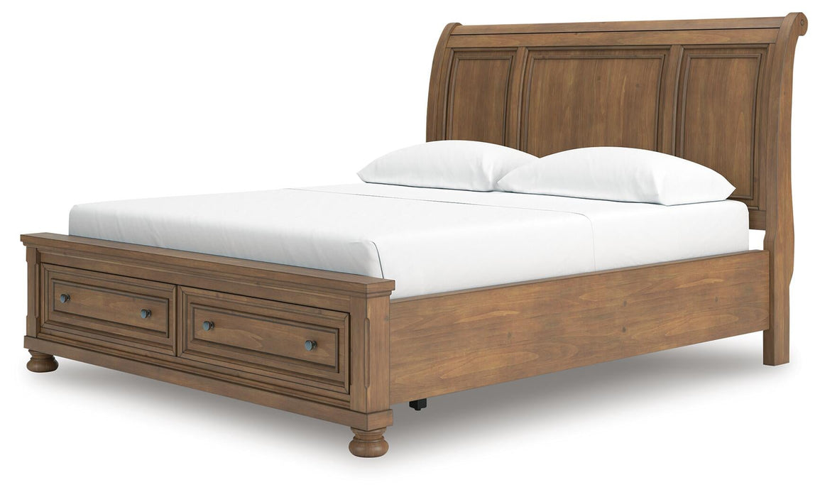 Vandenmore California King Storage Sleigh Bed with Mirrored Dresser, Chest and Nightstand