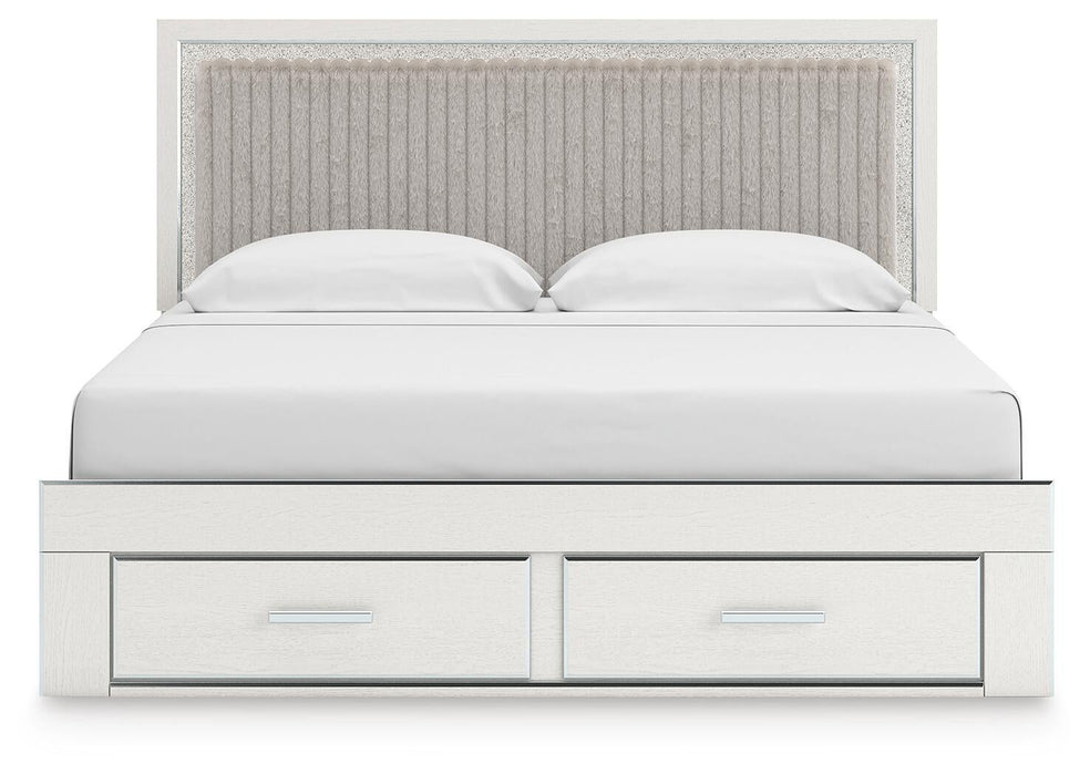 Birmonton King Upholstered Panel Platform Storage Bed, Dresser and Mirror