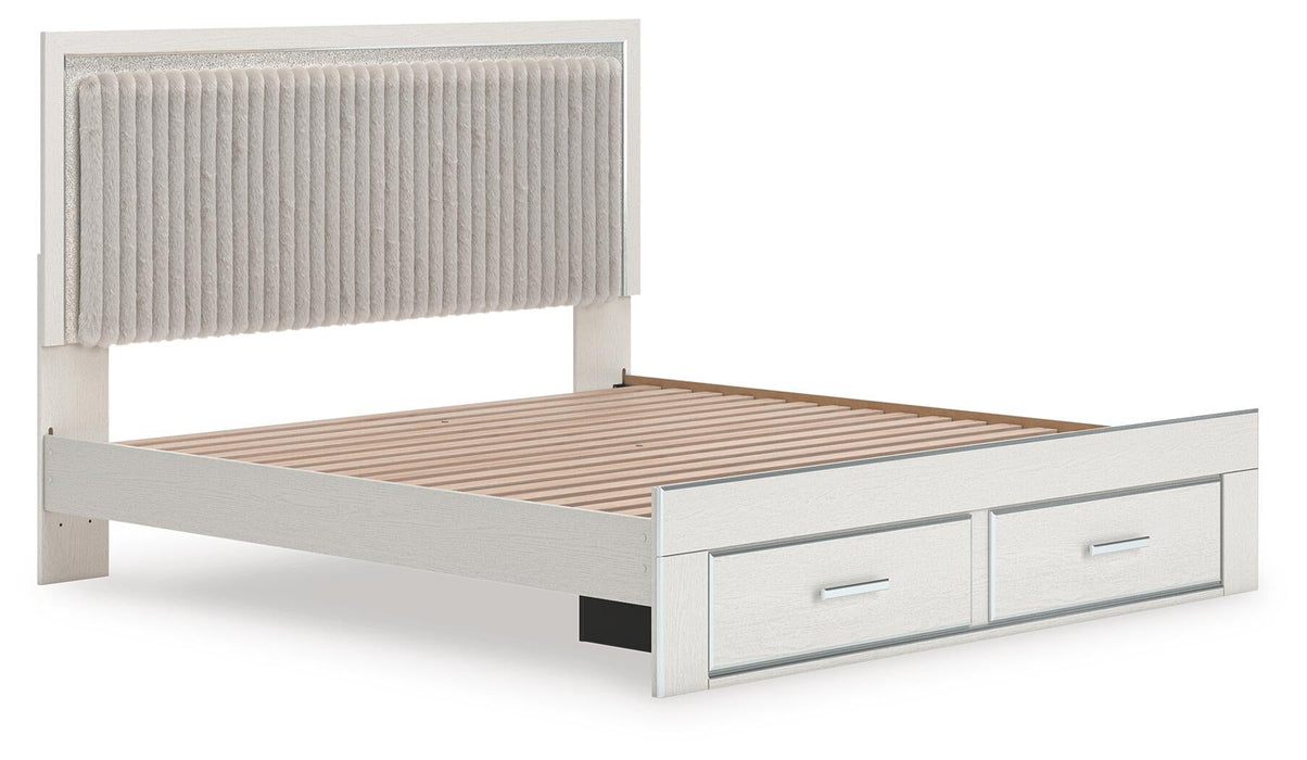 Birmonton King Upholstered Panel Platform Storage Bed, Dresser and Mirror