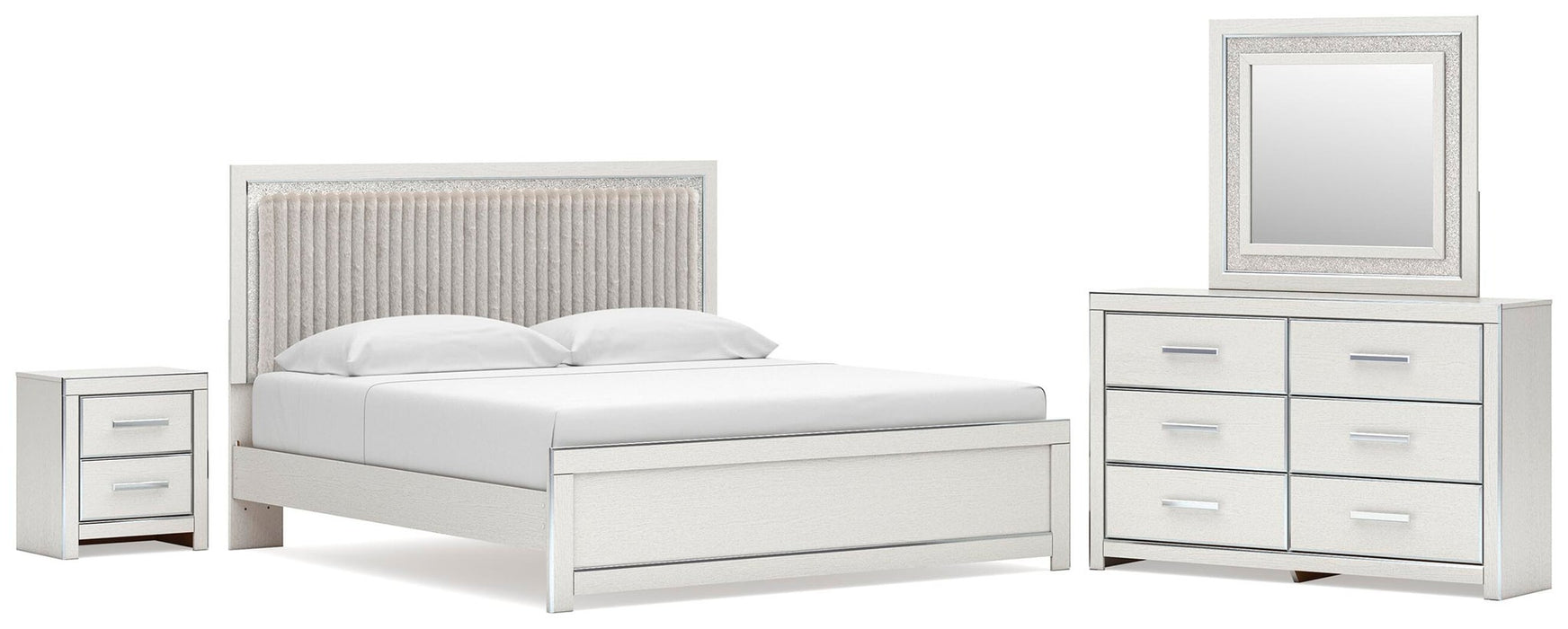 Birmonton King Upholstered Panel Platform Bed, Dresser, Mirror and Nightstand